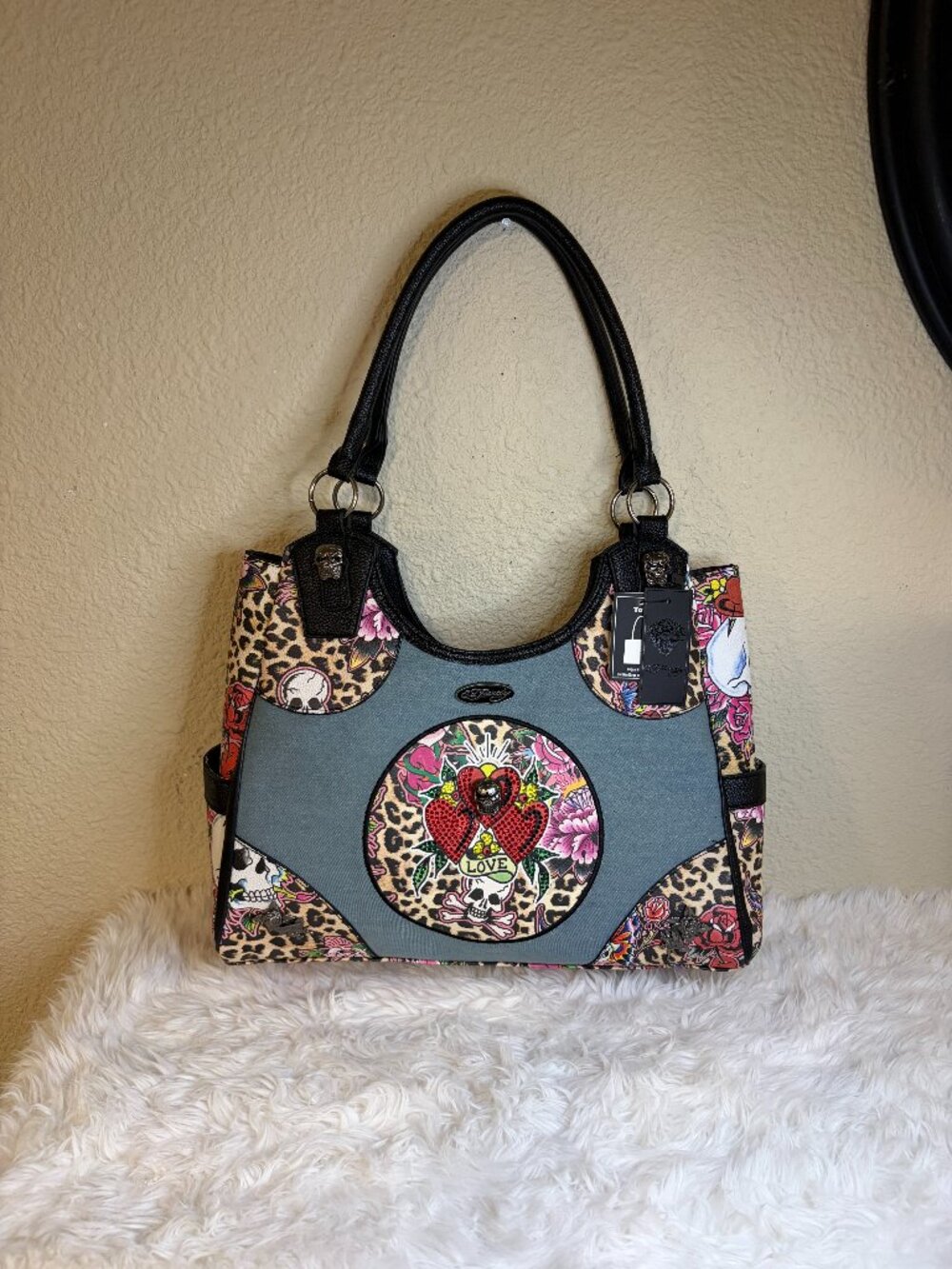 Ed Hardy Denim Leopard Tattoo Skull Roses Shoulder Tote Bag NWT